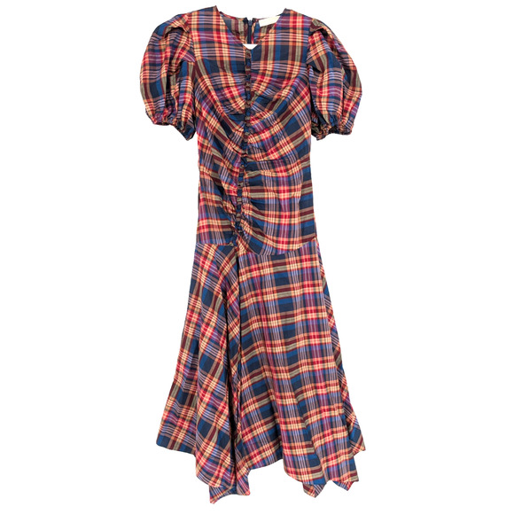 Ulla Johnson Heleen Puff Sleeve Silk Cotton Plaid Asymmetric Midi Dress Size 2 - Picture 3 of 13